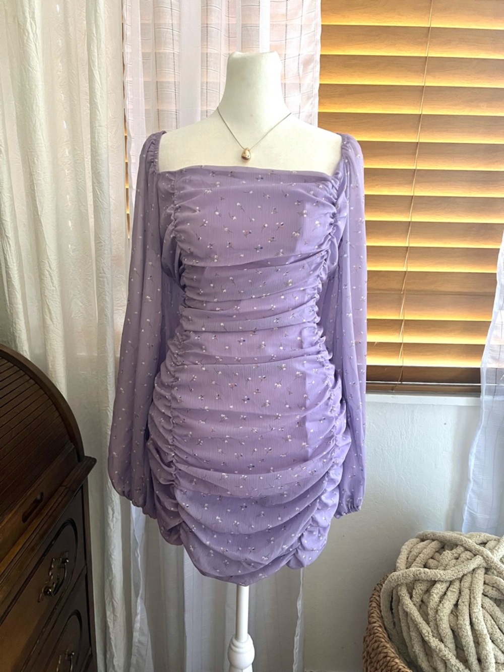 naked wardrobe Lavender Ruched Long-Sleeve Mini Dress with Metallic Dot Detail